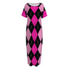 Black And Deep Pink Argyle Pattern Print Short Sleeve Long Nightdress