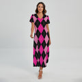 Black And Deep Pink Argyle Pattern Print Short Sleeve Maxi Dress