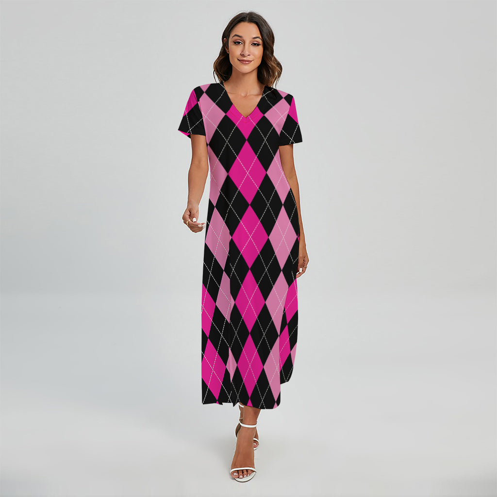 Black And Deep Pink Argyle Pattern Print Short Sleeve Maxi Dress