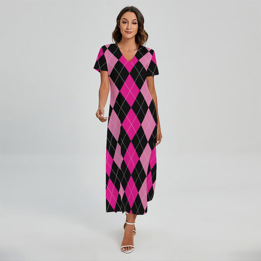 Black And Deep Pink Argyle Pattern Print Short Sleeve Maxi Dress