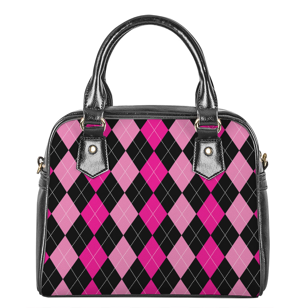 Black And Deep Pink Argyle Pattern Print Shoulder Handbag