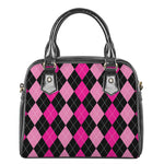 Black And Deep Pink Argyle Pattern Print Shoulder Handbag