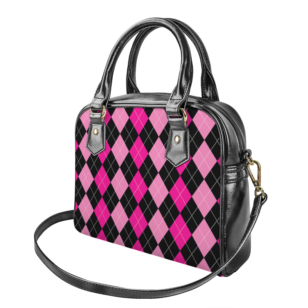 Black And Deep Pink Argyle Pattern Print Shoulder Handbag