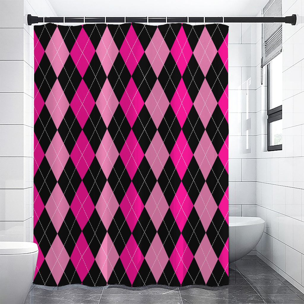 Black And Deep Pink Argyle Pattern Print Shower Curtain