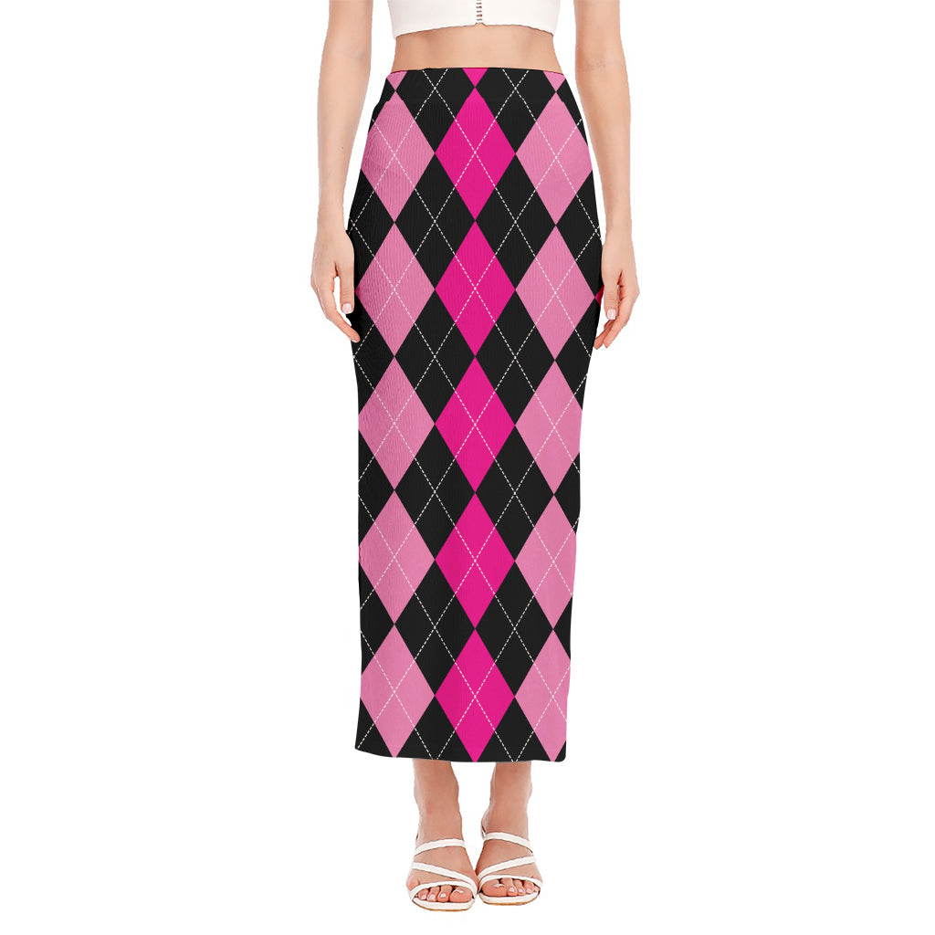 Black And Deep Pink Argyle Pattern Print Side Slit Maxi Skirt