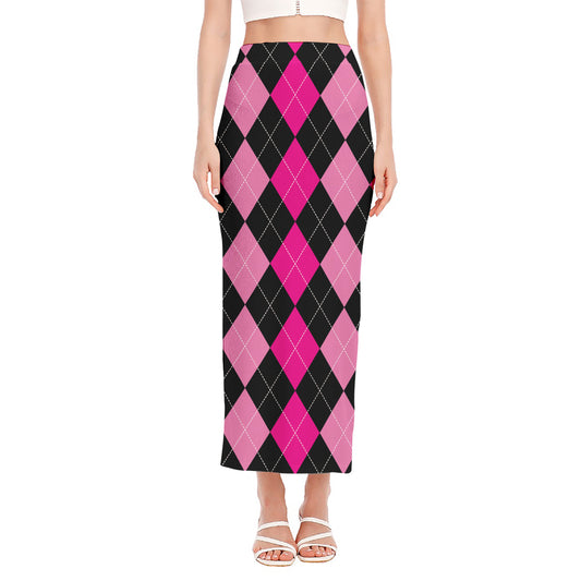 Black And Deep Pink Argyle Pattern Print Side Slit Maxi Skirt