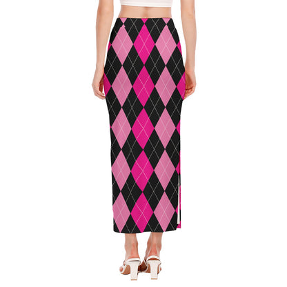 Black And Deep Pink Argyle Pattern Print Side Slit Maxi Skirt