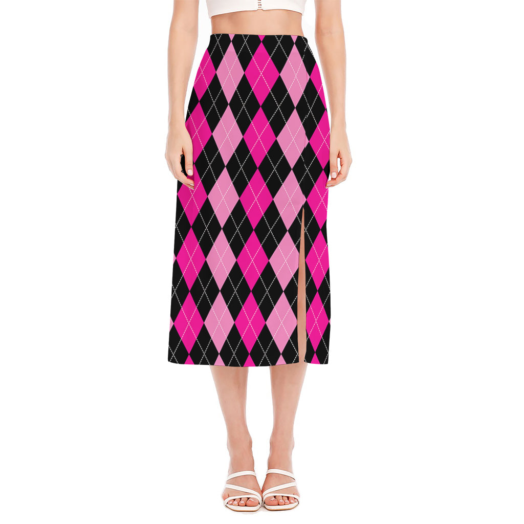 Black And Deep Pink Argyle Pattern Print Side Slit Midi Skirt