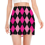 Black And Deep Pink Argyle Pattern Print Side Slit Mini Skirt