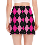 Black And Deep Pink Argyle Pattern Print Side Slit Mini Skirt
