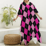 Black And Deep Pink Argyle Pattern Print Silk V-Neck Kaftan Dress