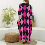 Black And Deep Pink Argyle Pattern Print Silk V-Neck Kaftan Dress