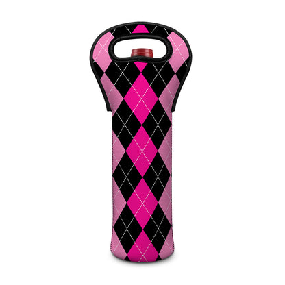 Black And Deep Pink Argyle Pattern Print Single Neoprene Wine Tote