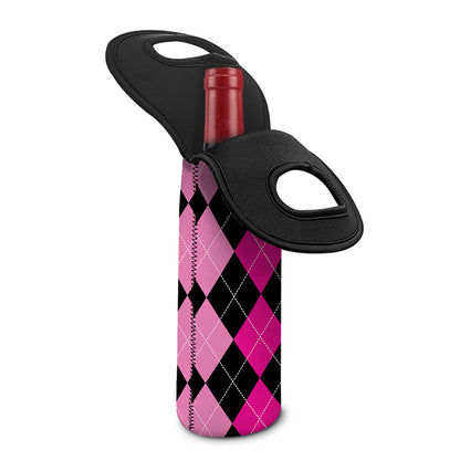 Black And Deep Pink Argyle Pattern Print Single Neoprene Wine Tote
