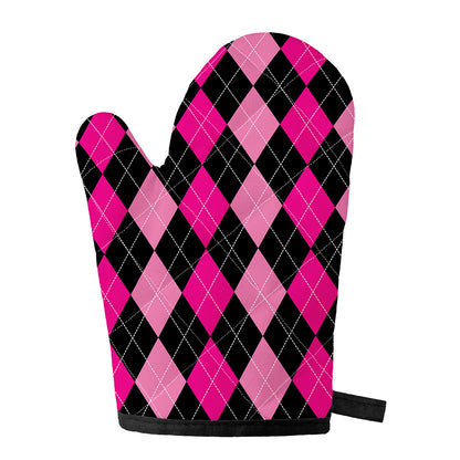Black And Deep Pink Argyle Pattern Print Single Oven Mitt