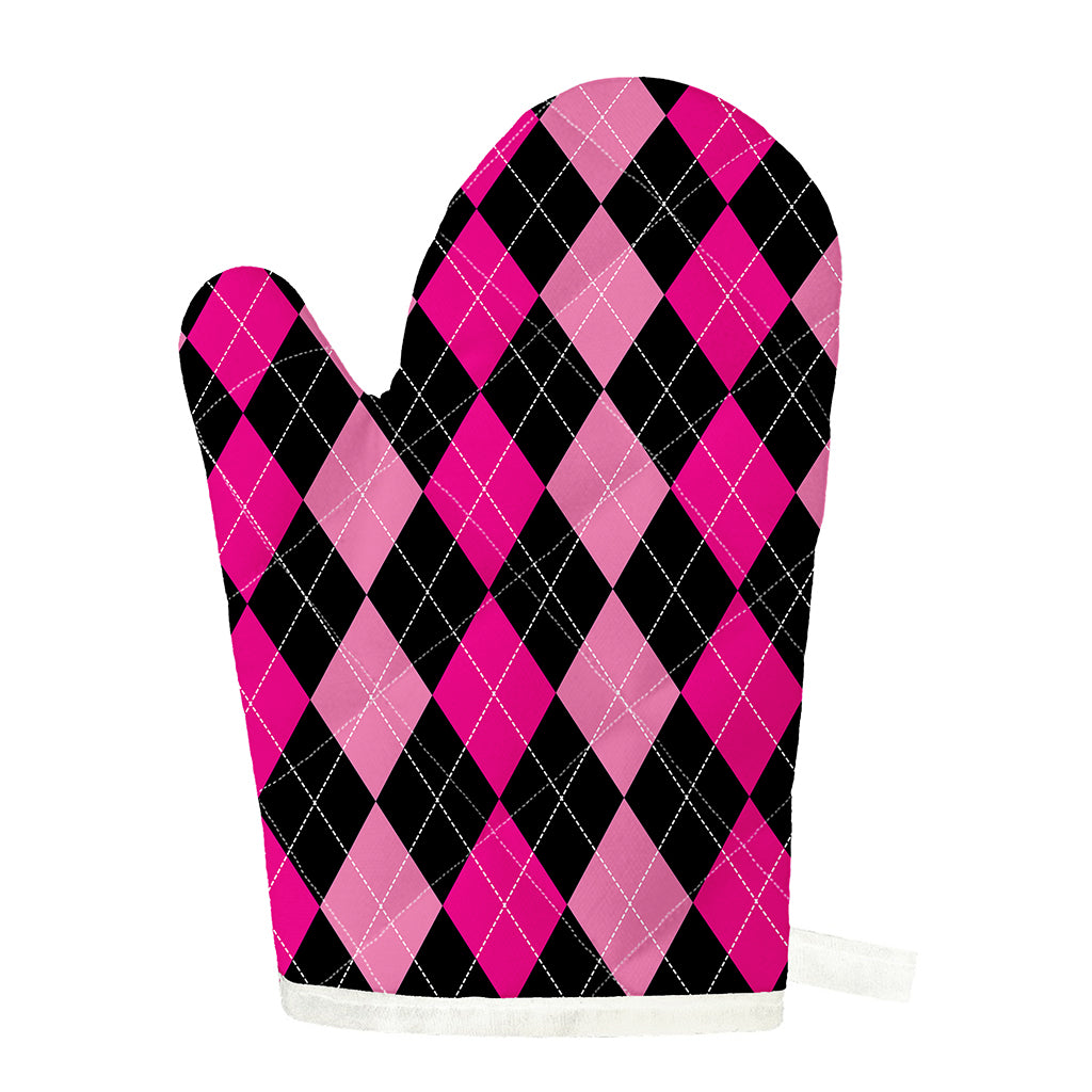 Black And Deep Pink Argyle Pattern Print Single Oven Mitt