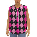 Black And Deep Pink Argyle Pattern Print Sleeveless Baseball Jersey