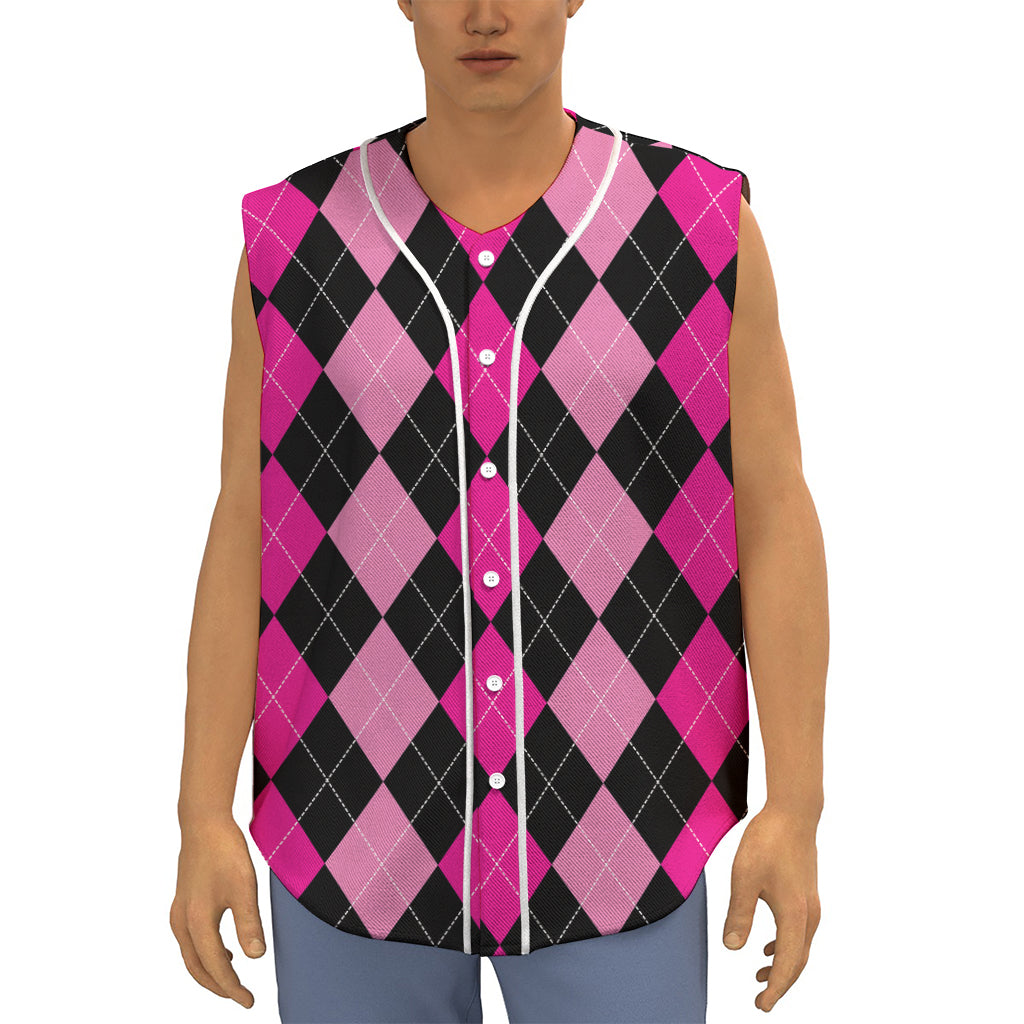 Black And Deep Pink Argyle Pattern Print Sleeveless Baseball Jersey