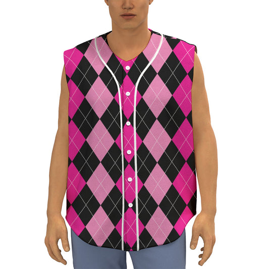 Black And Deep Pink Argyle Pattern Print Sleeveless Baseball Jersey