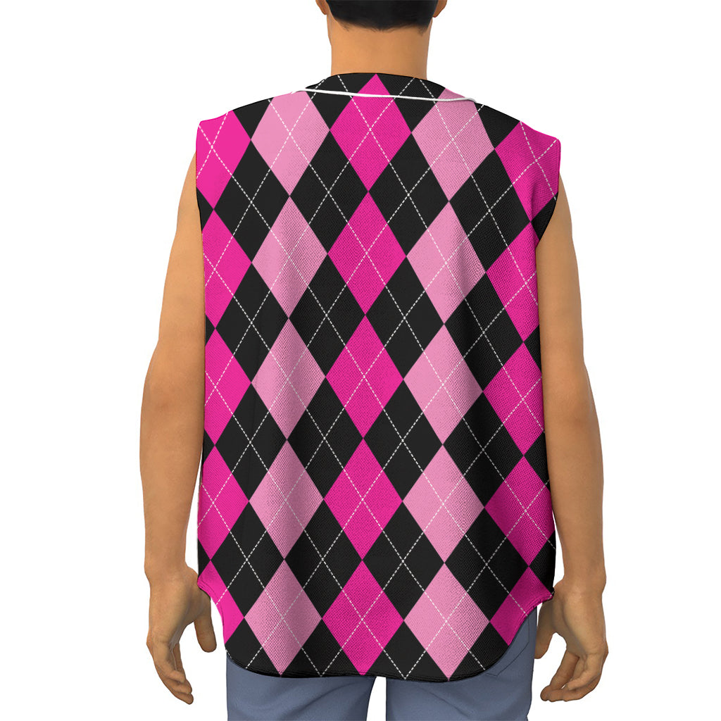 Black And Deep Pink Argyle Pattern Print Sleeveless Baseball Jersey