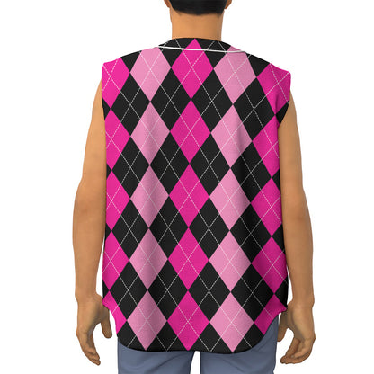 Black And Deep Pink Argyle Pattern Print Sleeveless Baseball Jersey