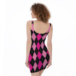 Black And Deep Pink Argyle Pattern Print Sleeveless Bodycon Dress