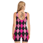 Black And Deep Pink Argyle Pattern Print Sleeveless One Piece Swimsuit