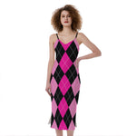Black And Deep Pink Argyle Pattern Print Slim Fit Midi Cami Dress