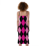 Black And Deep Pink Argyle Pattern Print Slim Fit Midi Cami Dress