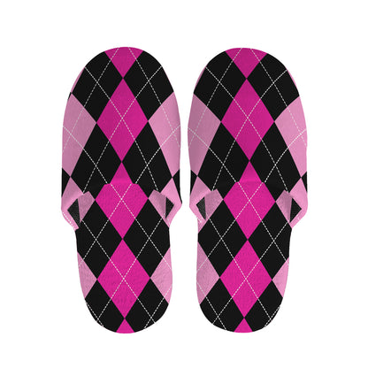 Black And Deep Pink Argyle Pattern Print Slippers