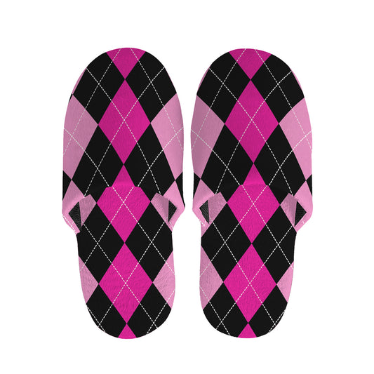 Black And Deep Pink Argyle Pattern Print Slippers