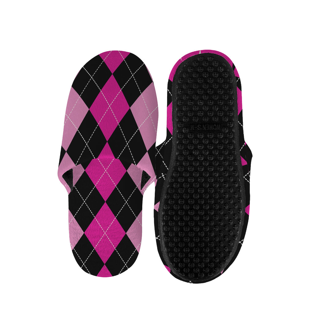 Black And Deep Pink Argyle Pattern Print Slippers
