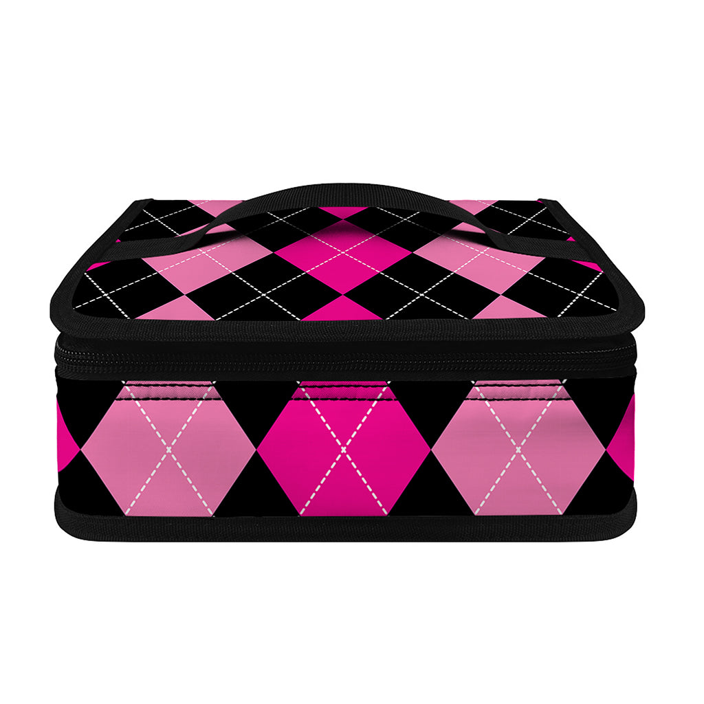 Black And Deep Pink Argyle Pattern Print Small Lunch Bag