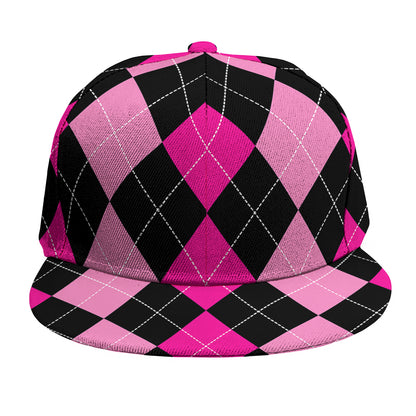 Black And Deep Pink Argyle Pattern Print Snapback Cap