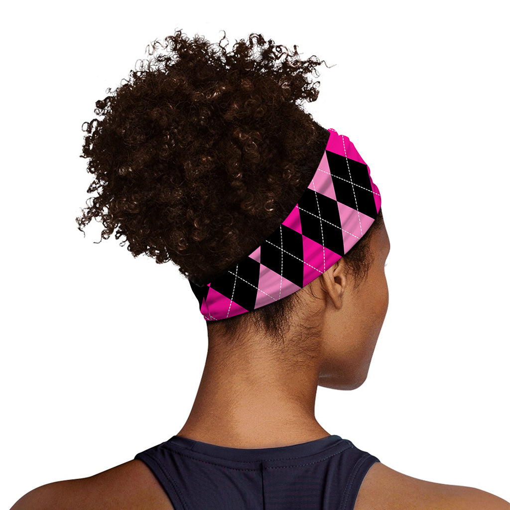 Black And Deep Pink Argyle Pattern Print Sports Headband