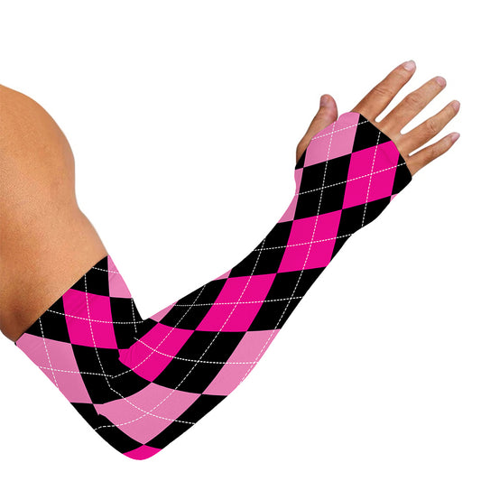 Black And Deep Pink Argyle Pattern Print Sun Protection Arm Sleeves