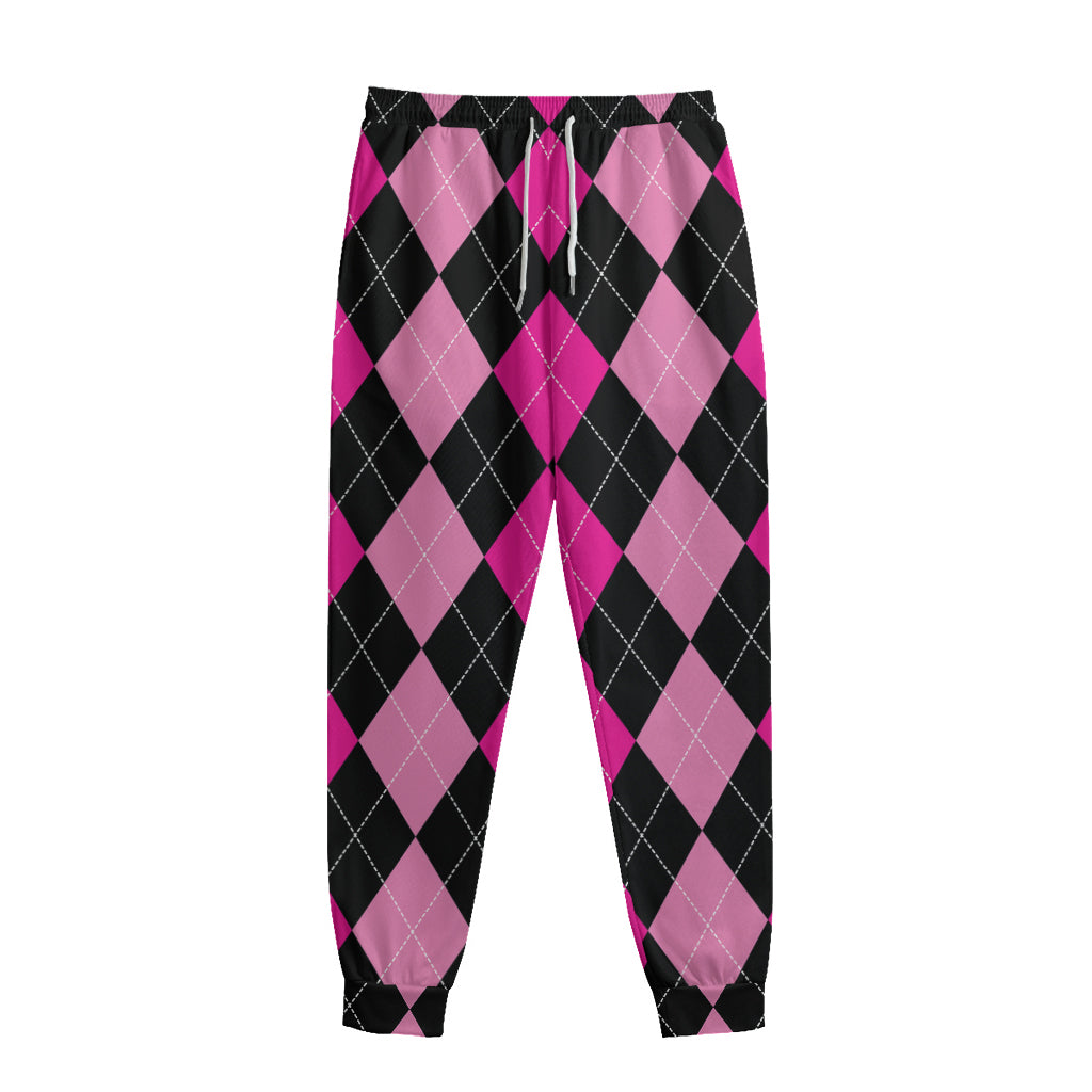 Black And Deep Pink Argyle Pattern Print Sweatpants