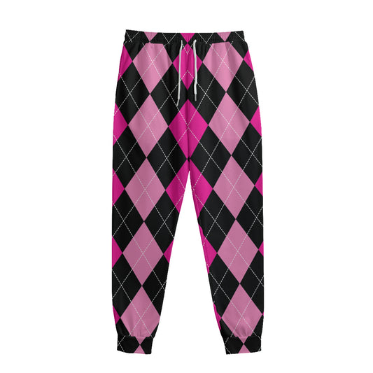 Black And Deep Pink Argyle Pattern Print Sweatpants