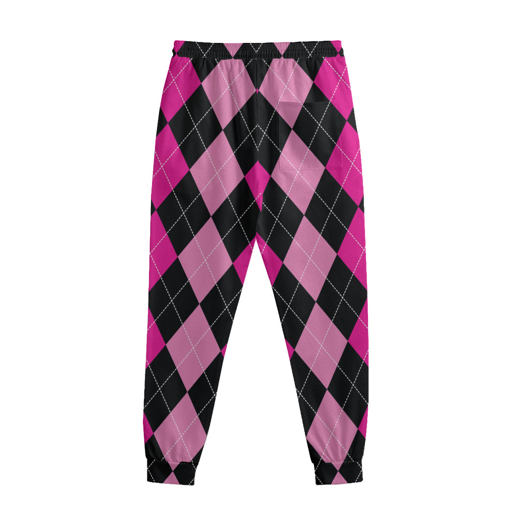 Black And Deep Pink Argyle Pattern Print Sweatpants
