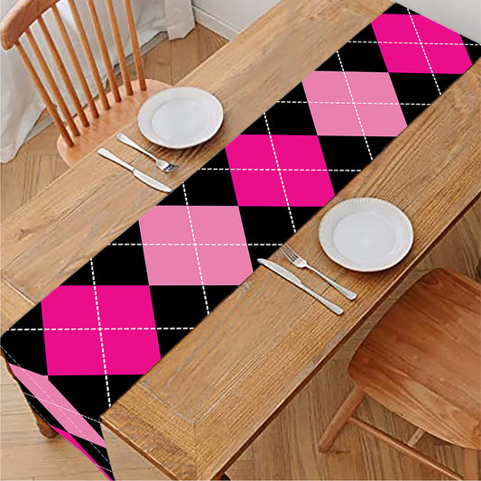Black And Deep Pink Argyle Pattern Print Table Runner