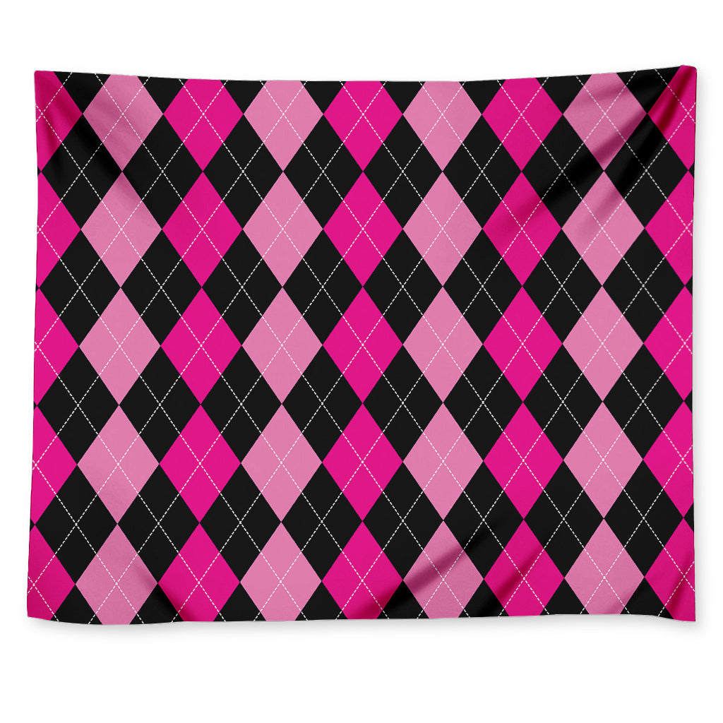 Black And Deep Pink Argyle Pattern Print Tapestry