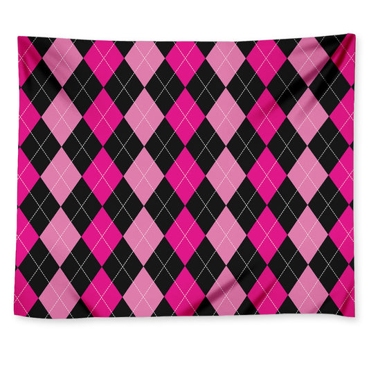 Black And Deep Pink Argyle Pattern Print Tapestry