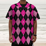 Black And Deep Pink Argyle Pattern Print Textured Short Sleeve Shirt