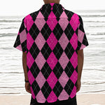 Black And Deep Pink Argyle Pattern Print Textured Short Sleeve Shirt