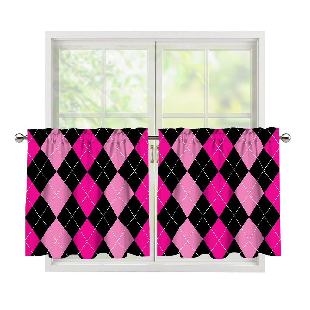 Black And Deep Pink Argyle Pattern Print Tier Curtains