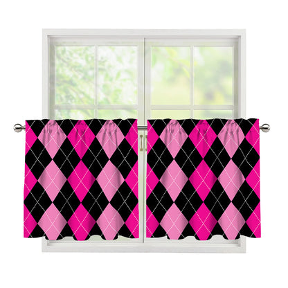 Black And Deep Pink Argyle Pattern Print Tier Curtains