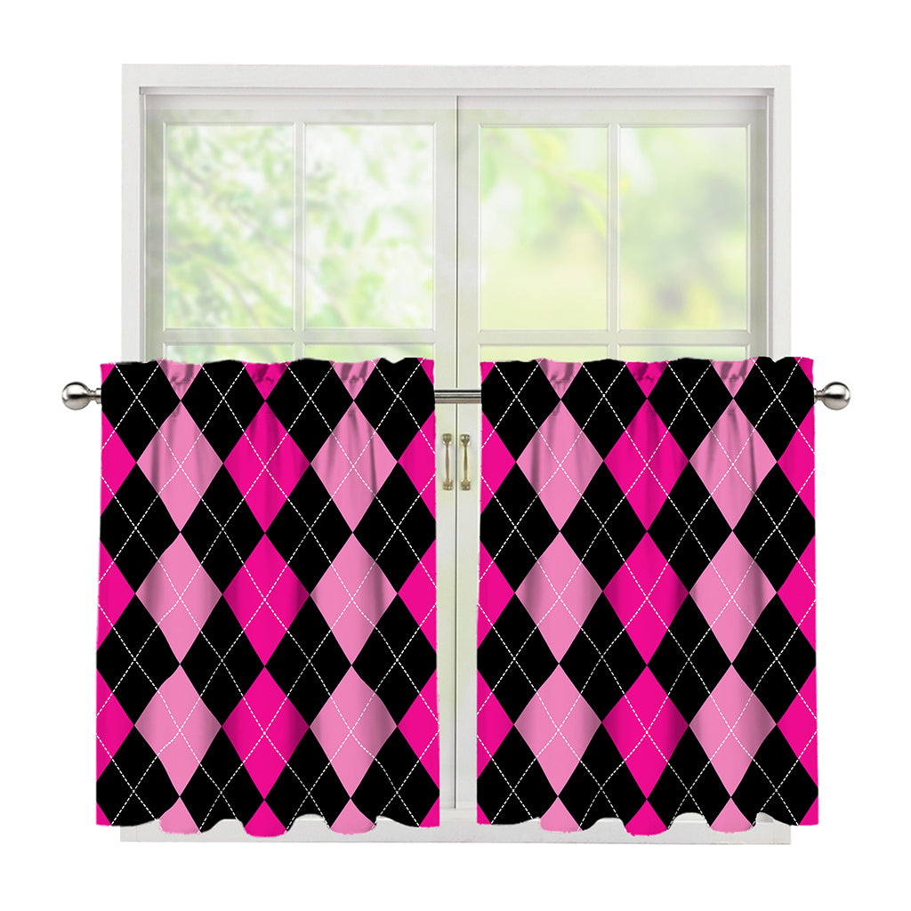 Black And Deep Pink Argyle Pattern Print Tier Curtains