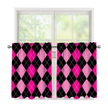 Black And Deep Pink Argyle Pattern Print Tier Curtains