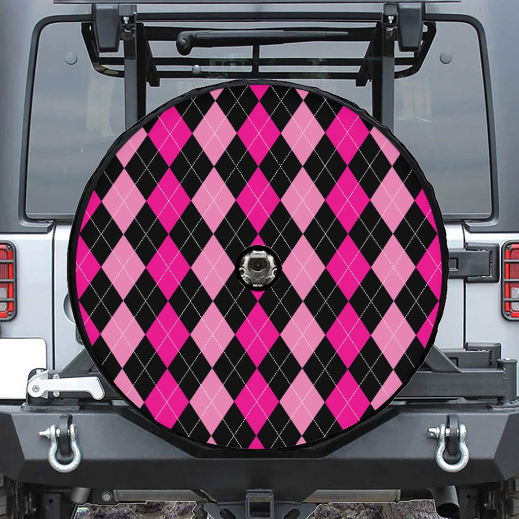 Black And Deep Pink Argyle Pattern Print Tire Cover With Camera Hole