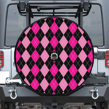 Black And Deep Pink Argyle Pattern Print Tire Cover With Camera Hole